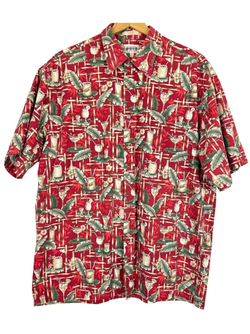 Vtg Campia Moda Hawaiian Aloha Shirt Sz Large Red Cotton Tropical Cocktail Print